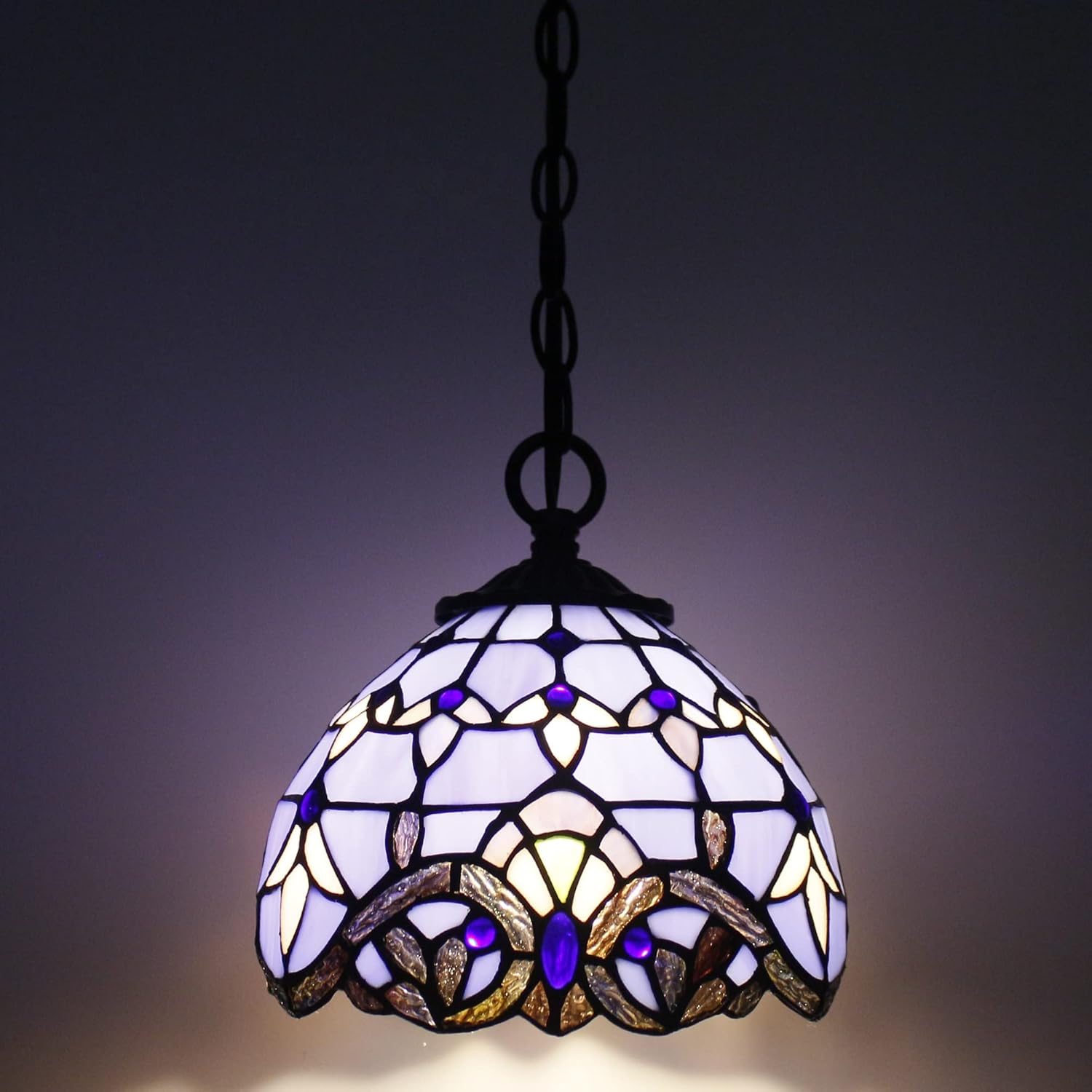 Small Tiffany Pendant Light Stained Glass Plug in Hanging Lamp 8 Inch Adjustable Height Hanging Chandelier Pendant Fixture for Home Kitchen Island Dining Room Hallway (Blue Baroque Style)