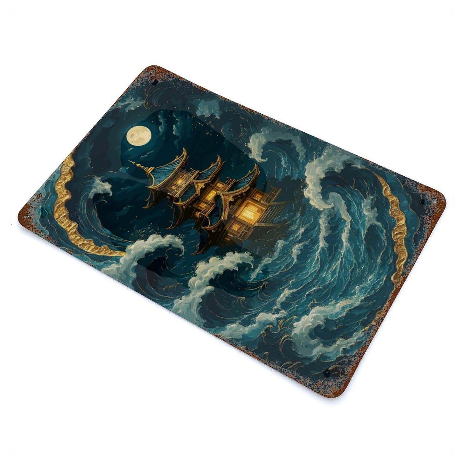 Pagoda Amidst Ocean Waves at Night Rusty Metal Tin Sign 11.8"x7.9", Ideal for Farmhouse, Kitchen And Entryway Decor