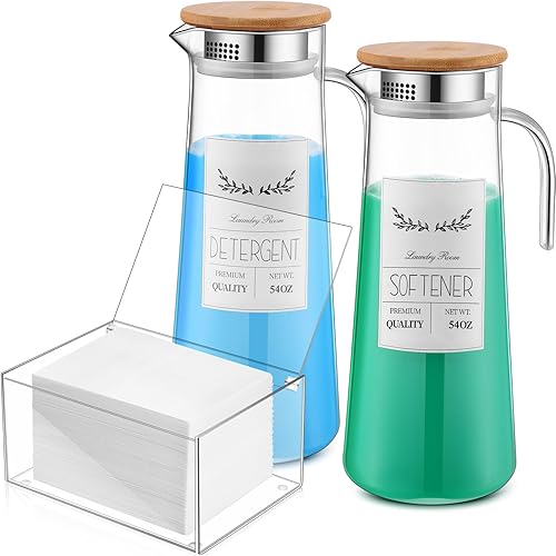 Hushee 2 botellas dispensadoras de detergente acrílico de 54 onzas con tapas, soporte para hojas de secadora transparente, contenedor de detergente