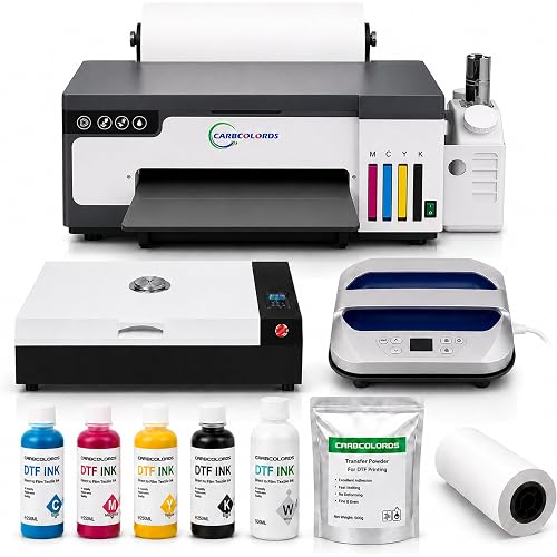 A4 DTF Printer with Oven and 12 x 10 Inch Heat Press Bundle, White Ink Mixing System, Roll Feeder, Ink, Film and Powder for T-Shirt Printing