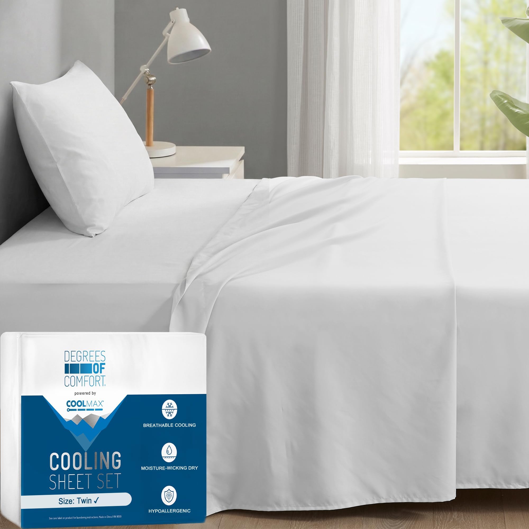 Degrees of Comfort Coolmax Cooling Sheets Set for Twin Size Bed, Moisture Wicking for Night Sweats Best Comfort, Cool Sheets for Hot Sleepers During Warm Weather with Deep Pocket, White-3PC