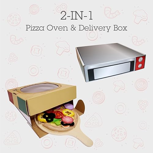 Miniatura 6 de Hape Juego de madera de pizza perfecto para cocina de niños, horno de pizza 2 en 1 y caja de entrega, 29 piezas de juego de simulación para niños