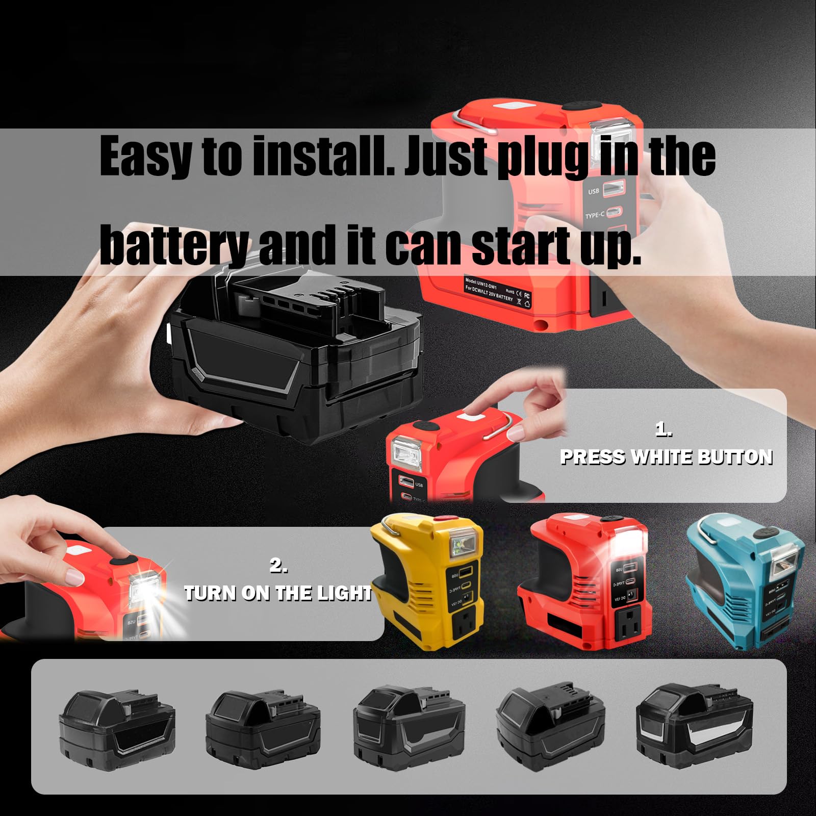 Inversor Alimentación Multifunción 180W con Apariencia Easy Carry Inverter con Puerto Carga USB para Batería 18V