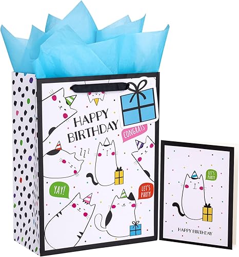 WRAPAHOLIC Bolsa de regalo de cumpleaños grande de 13 pulgadas con tarjeta y papel de seda - Adorable diseño de gato feliz cumpleaños