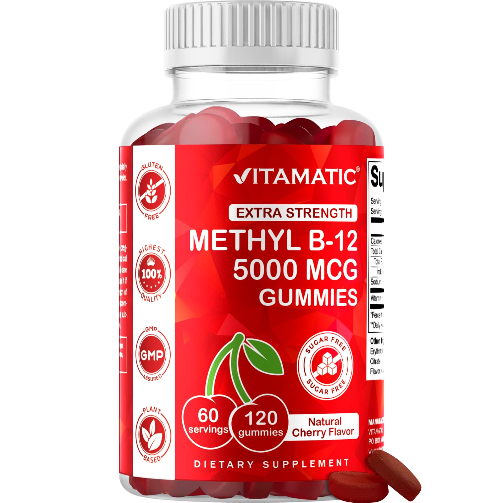 Vitamatic Extra Sterkte Vitamine B12 5000 mcg (Methyl B12) Gummies - 120 Tel - Energie Metabolisme Ondersteuning en zenuwstelsel gezondheid Ondersteuning, natuurlijke kersen smaak (1)