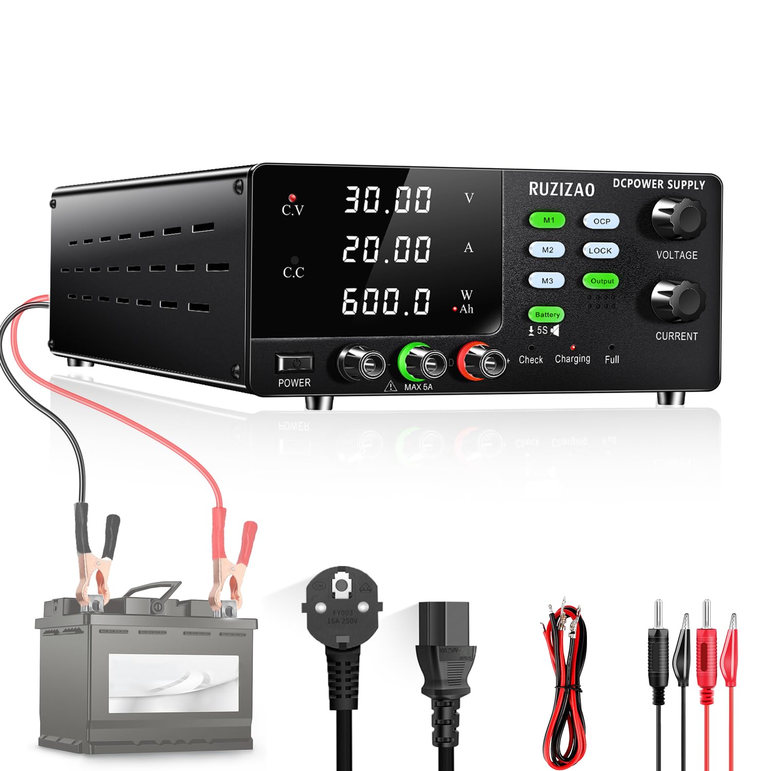 Alimentation de Laboratoire 30V 20A 600W Haute Puissance Alimentation Laboratoire Réglable avec Bouton Codeur 6V 12V 24V pour la Charge de La Batterie/Mémoire Stockage Fonction/OCP Fonction