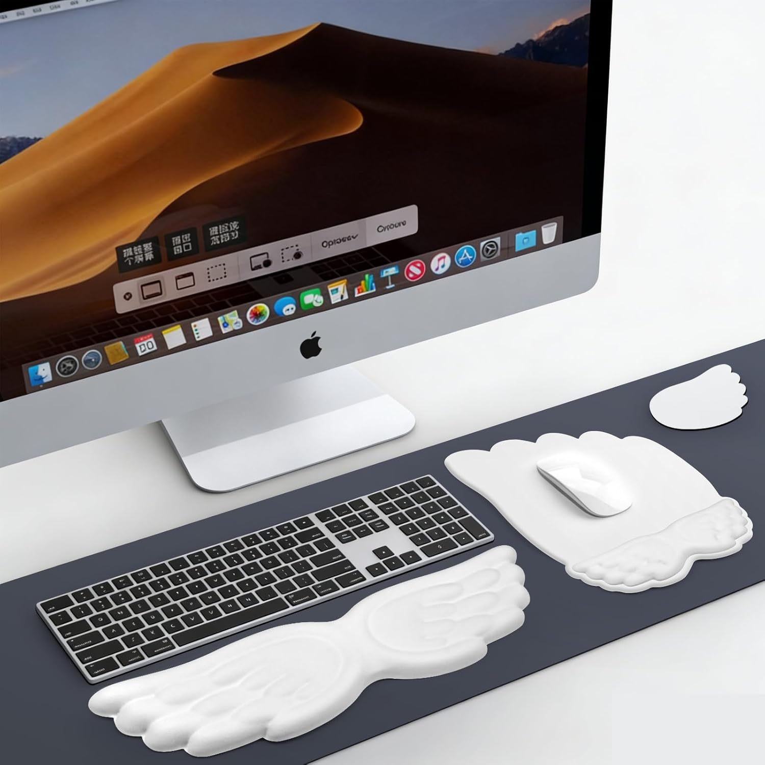 Angel Wing Wrist Rest Set, Ergonomic Keyboard Mouse Wrist Support Memory Foam Cushion Hand Support，Cute Wrist Rest Pu Leather Surface Non-Slip Base for Office, Gaming, Work(3Pcs, White)