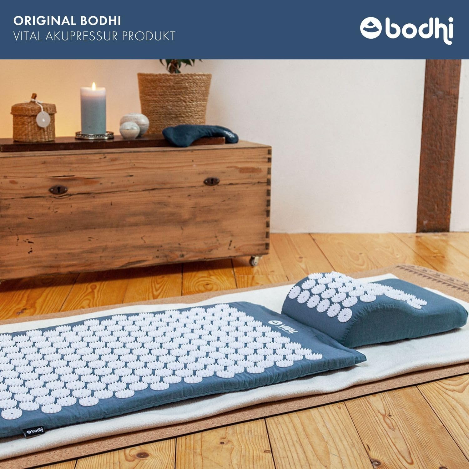 Bodhi Vital, tappetino per agopressione Deluxe, set di tappetini massaggianti in set con cuscino, zerbino e borsa | auto-massaggio per la casa | tappetino per fakir contro collo e mal di schiena | blu