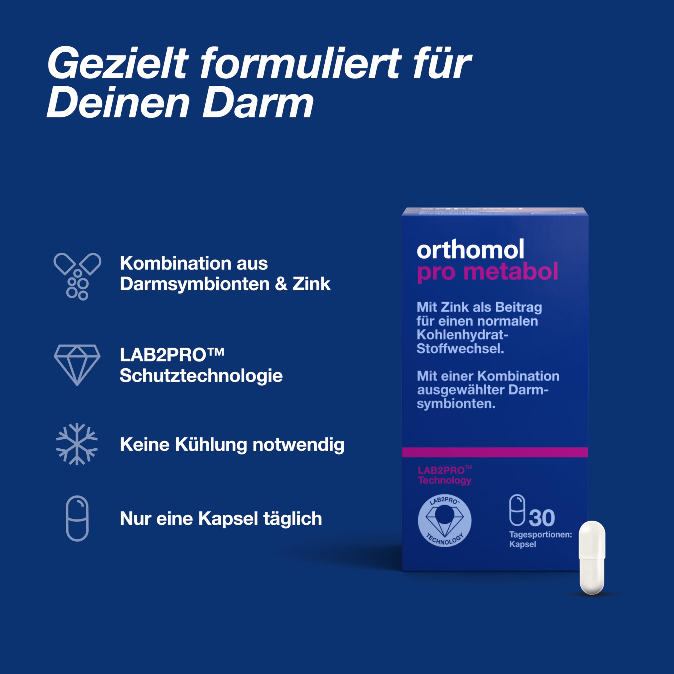 Orthomol Pro metabol: Nahrungsergänzung mit 10 ausgewählten Darmsymbionten + Zink zur Unterstützung des Darms, u. a. im Rahmen des Gewichtsmanagements, 30 Kapseln