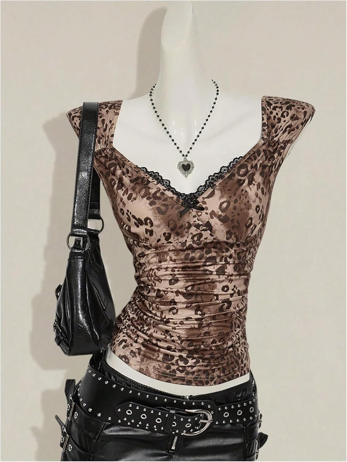 WDIRARA Women's Leopard T Shirts Ruched Lace Trim V Neck Tee Cap Sleeve Tie Backless Fitted Tops - Image 4