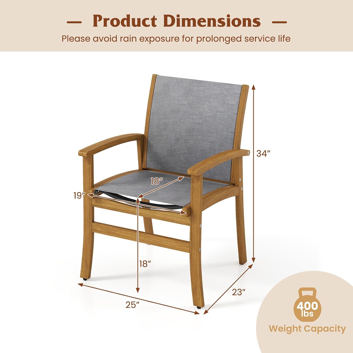 Tangkula Outdoor Dining Chairs Set of 4, Patio Chairs with Breathable Fabric, Acacia Wood Frame and 400 lbs Weight Capacity, Outdoor Wooden Armchairs for Porch, Balcony, Garden and Backyard