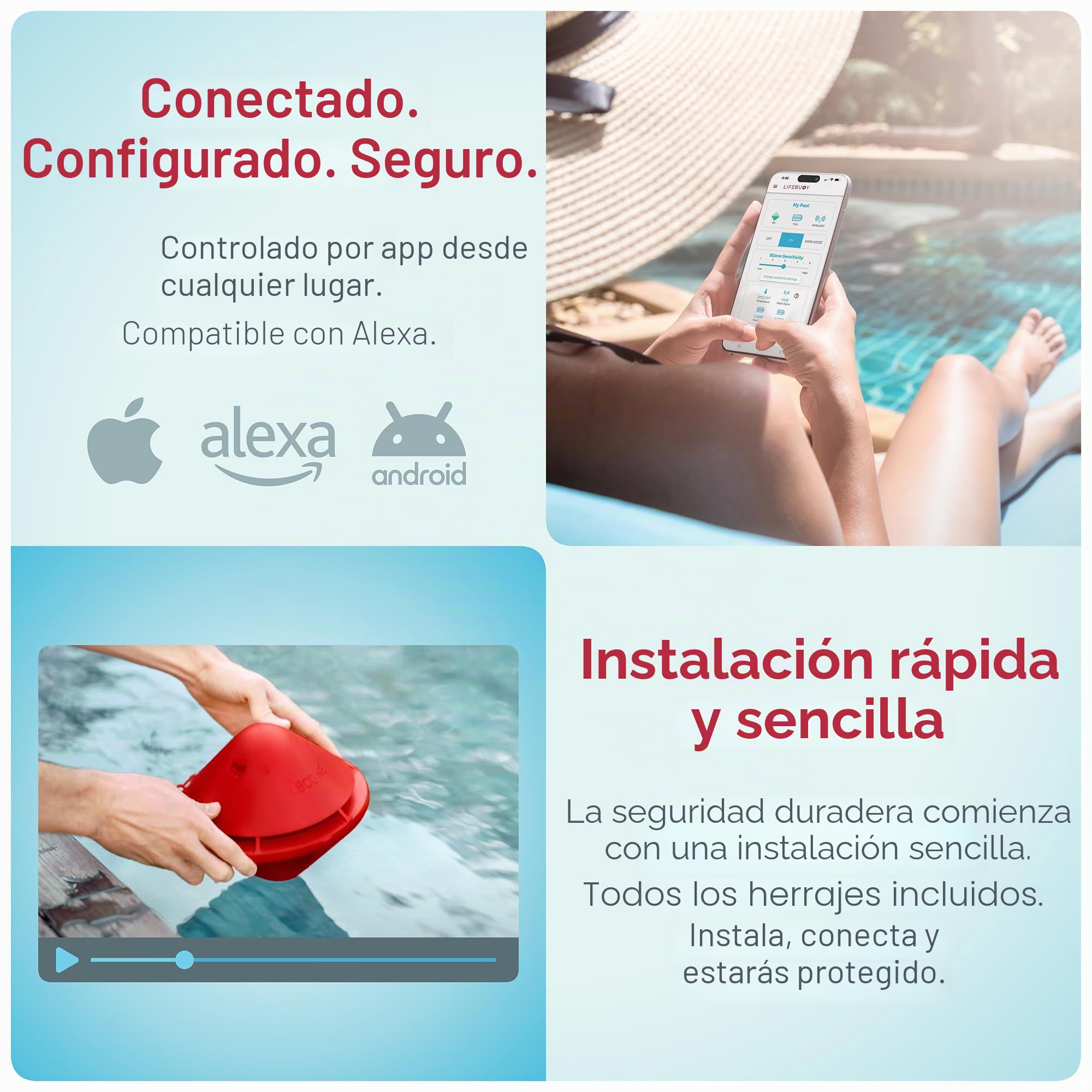 Lifebuoy - Alarma de Seguridad para Piscina . Alarma Flotante con Sirena y App, Sistema Inteligente con Alexa, Detector de Caídas en Alberca, Protección para Niños y Mascotas, Fácil Instalación
