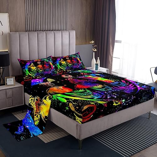 Miniatura 2 de Erosebridal Juego de sábanas gótico con calaveras tamaño completo, sábanas bohemias con esqueleto, sábanas de cama de neón con colores brillantes y