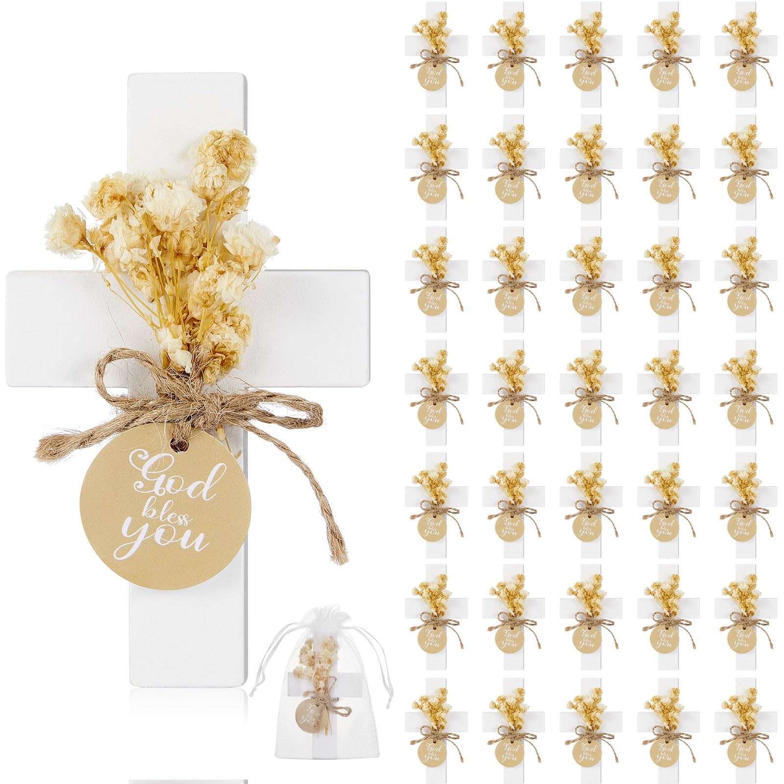 Flutesan 36 Sets Taufgeschenke für Gäste, Erstkommunion, Holz-Kreuzmagnete mit Blume und Tasche, für Taufe, Party, Familientreffen, Babyparty, Taufgeschenk