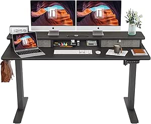 FEZIBO Height Adjustable Electric Standing Desk with Double Drawer, 55 x 24 Inch Stand Up Table with Storage Shelf, Sit Stand Desk with Splice Board, Black Frame/Black Top