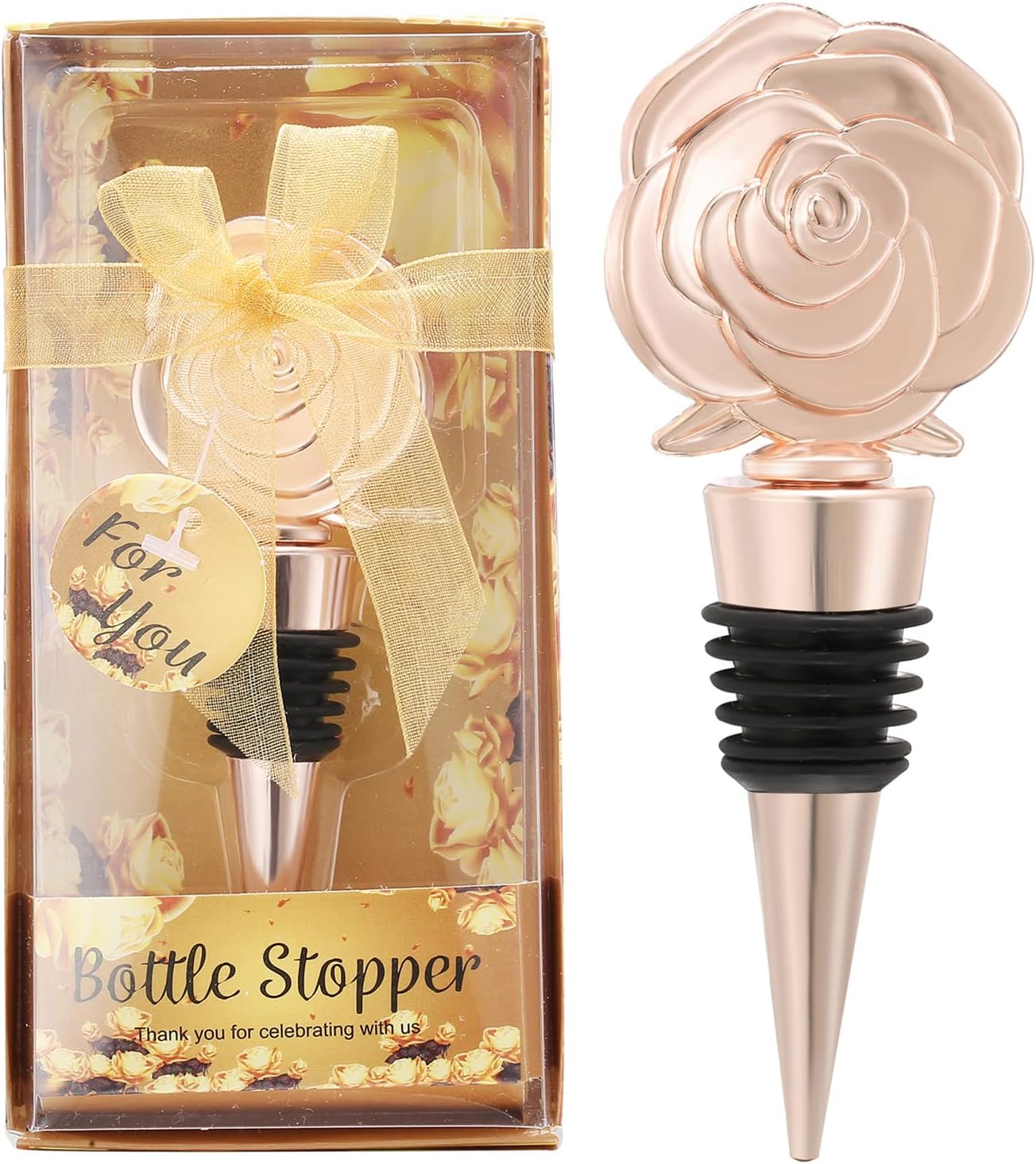 15 PCS Rose Gold Wine Bottle Stoppers for Wine Bottles, Wedding Favors for Guests, Bridal & Baby Shower Favors, Individually Gift Boxed Rose Wine Stopper Bulk (Gold Rose 15)