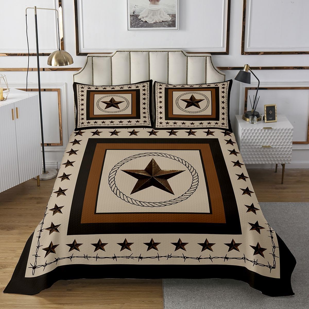 jejeloiu Western Texas Star Print Bedspread King Size Rustic Farmhouse Coverlet Set Vintage Country Star Pattern Quilted Coverlet for All Season with 2 Pillowcases Cowboy Microfiber Lightweight