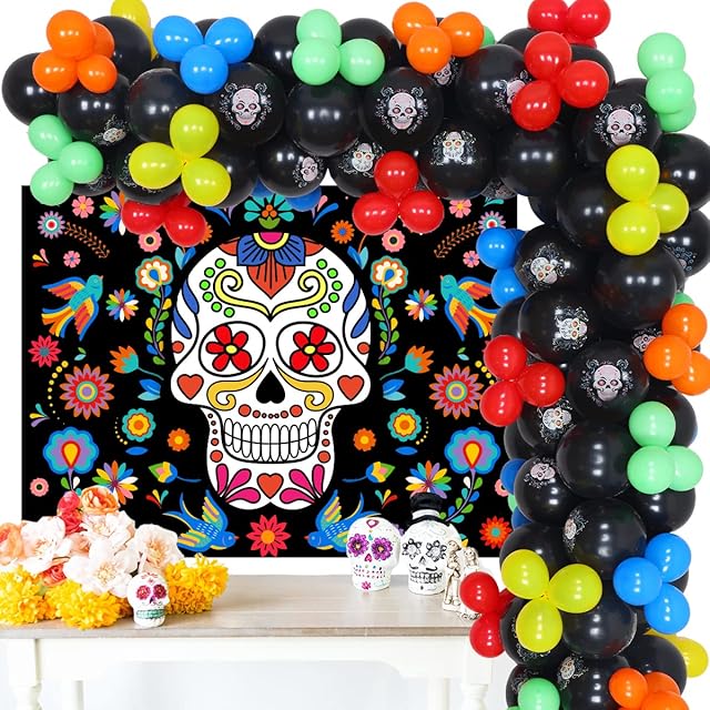 Day of the Dead Decorations Balloon Garland Arch Kit, Sugar Skull Balloons Photo Backdrop Dia DE Los Muertos Mexican Festival Halloween Party Supplies