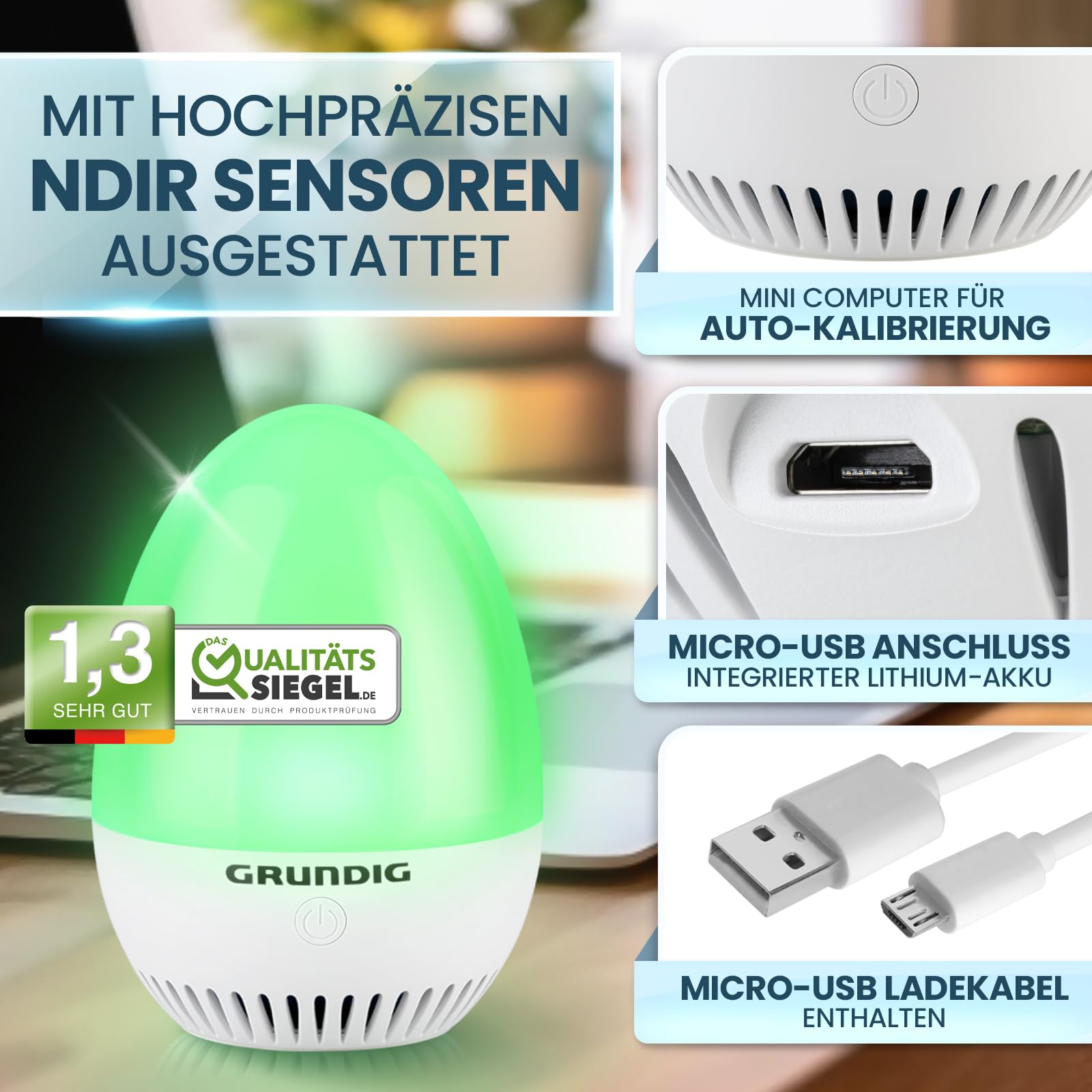 GRUNDIG CO2 Messgerät Ampel Kalibrierungsautomatik Akku Betrieb Signal für Stoßlüften mobiles Luftqualität Messgerät