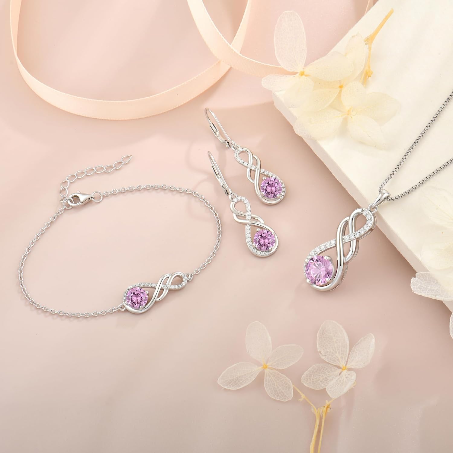 Gemstone Infinity Pendant Necklaces for Women, S925 Sterling Silver Round cut Zircon Necklace Birthstone Jewelry Gift for Her - Image 5