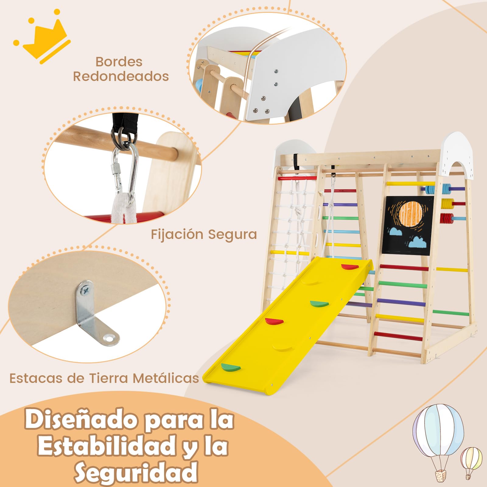 COSTWAY Set Escalada 7 en 1 para Niños,Escaldada de Madera con Rocas de Escalar y Escalera, Red de Escalada, Barra Horizontal, Centro Actividad de Interior para Niños 3+ Años (Multicolor)