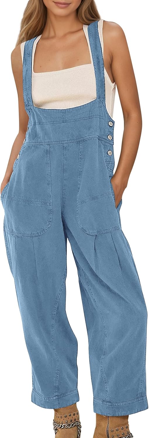 YUENIU Women's Denim Overalls Loose Fit Baggy Bib Jumpsuit Harem Barrel Leg Adjustable Strap With Pockets Casual Jeans Romper