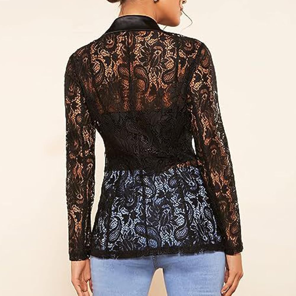 Sexy Lace Mesh Blazer for Women Elegant Lace Crochet Single