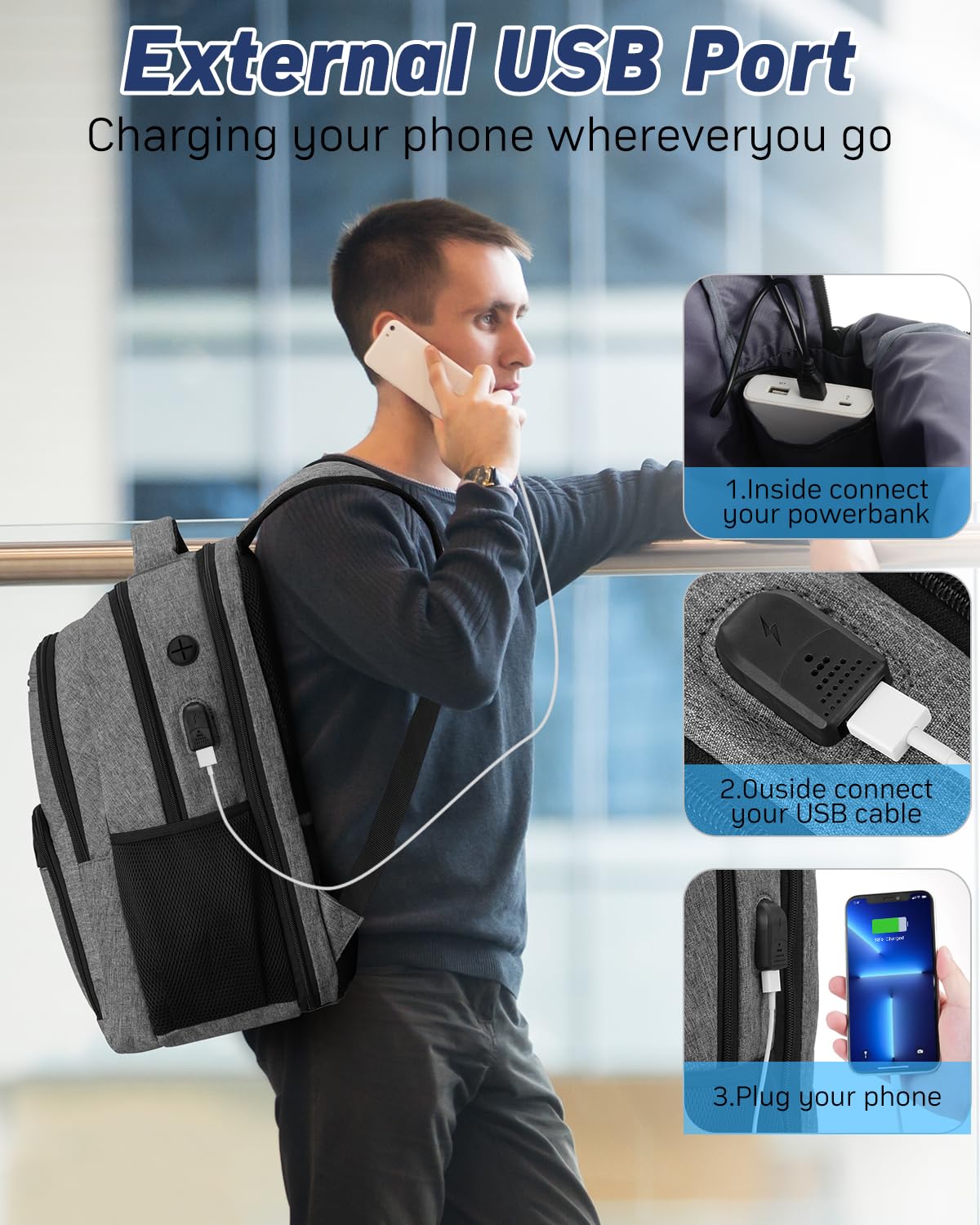 kadilong 17,3 Pouces Sacs à Dos pour Ordinateur Portable pour Homme,Sac École Secondaire Cartable Lycée Garçon avec Port USB