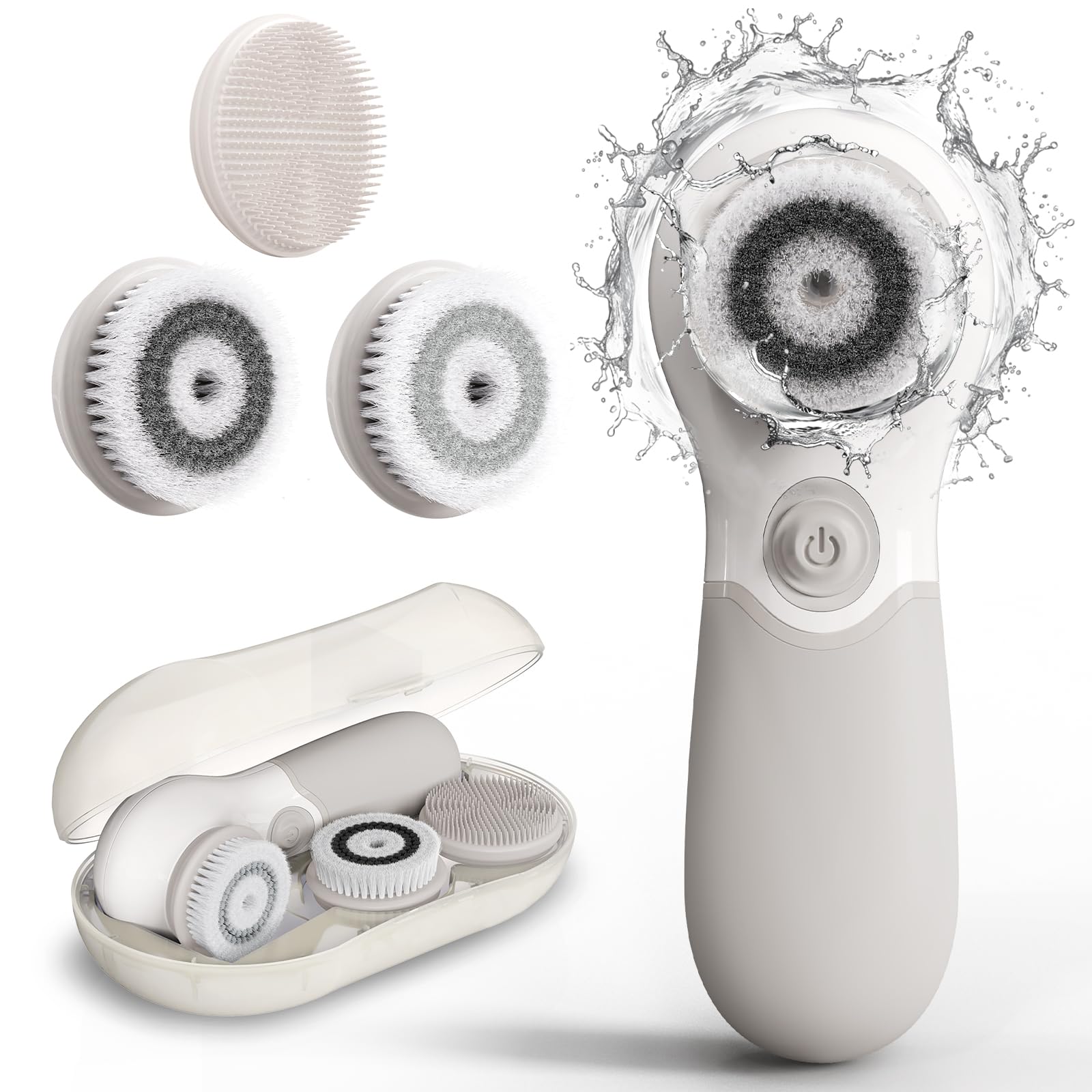Face scrubber with travel case, 3 brush heads including silicone head and plastic-free packaging
