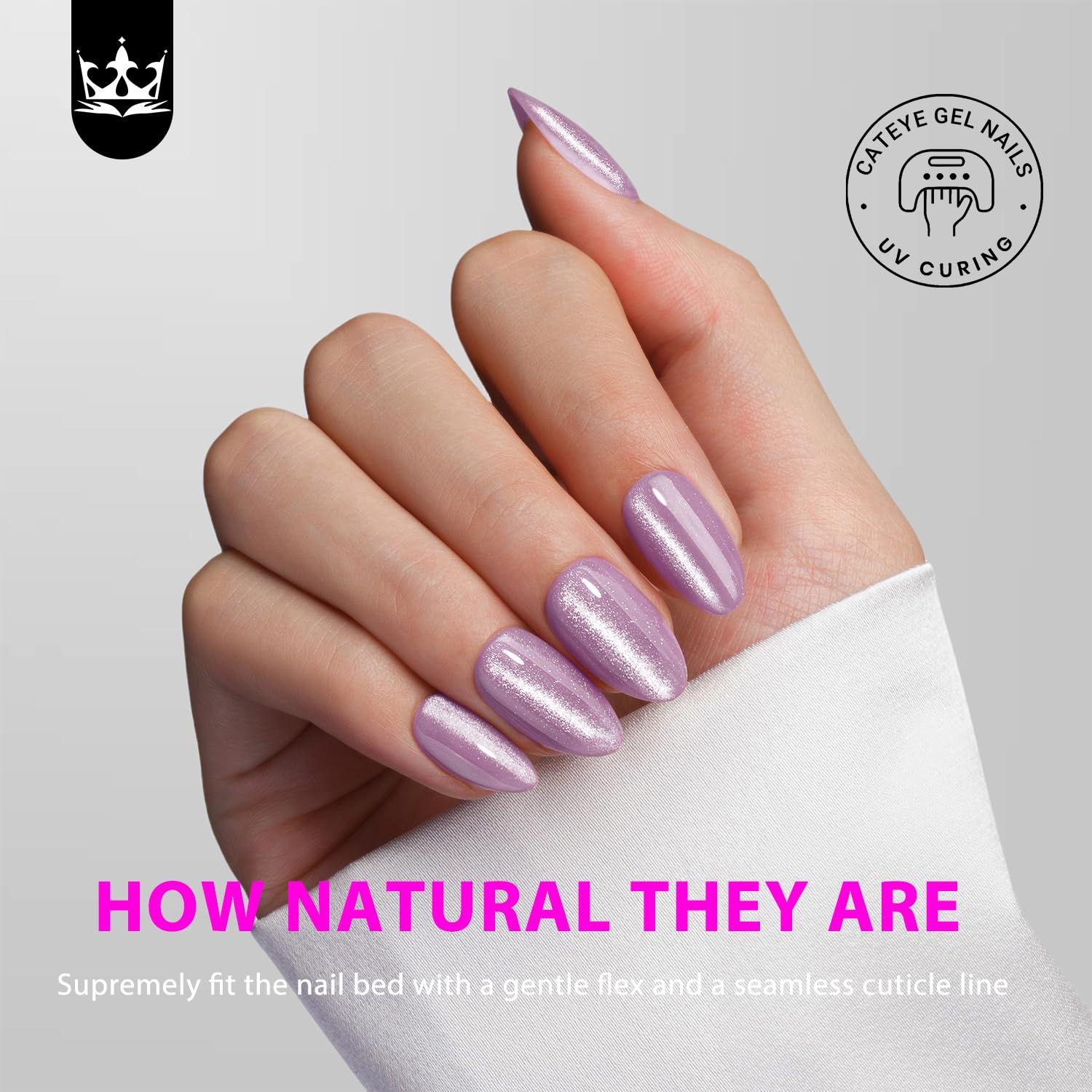 KQueenest Cat Eye Press on Nails Short Almond, Glazed Glitter Lilac False Nails Short Stiletto - Image 2
