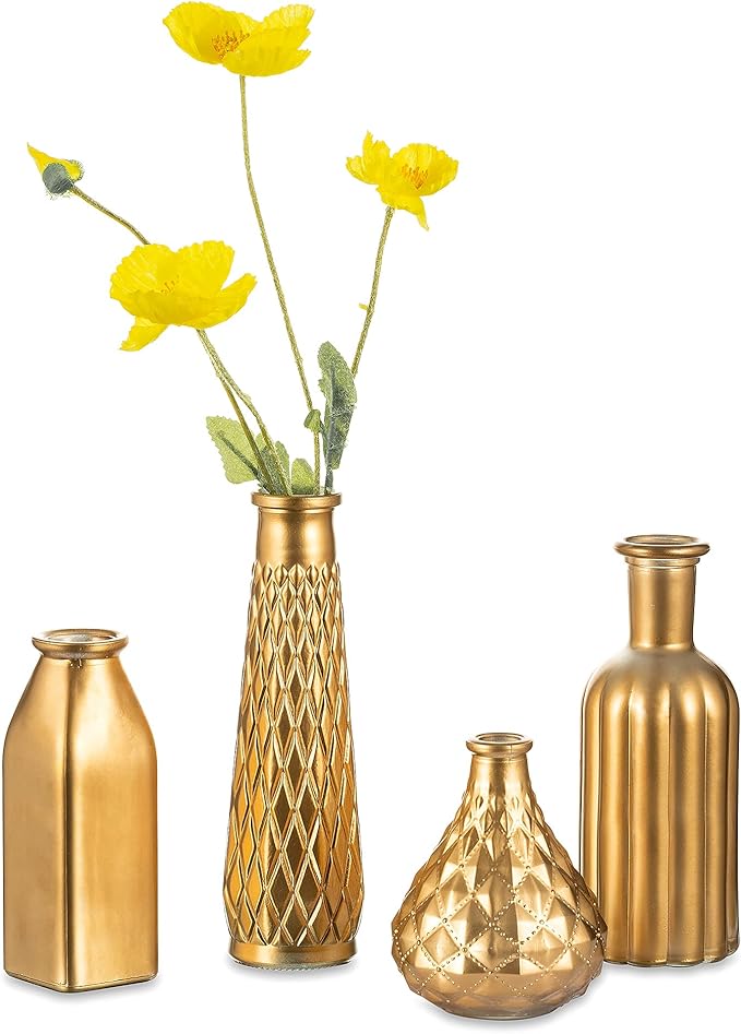 Hewory Gold Glass Vase for Flowers Set of 4, Small Vases