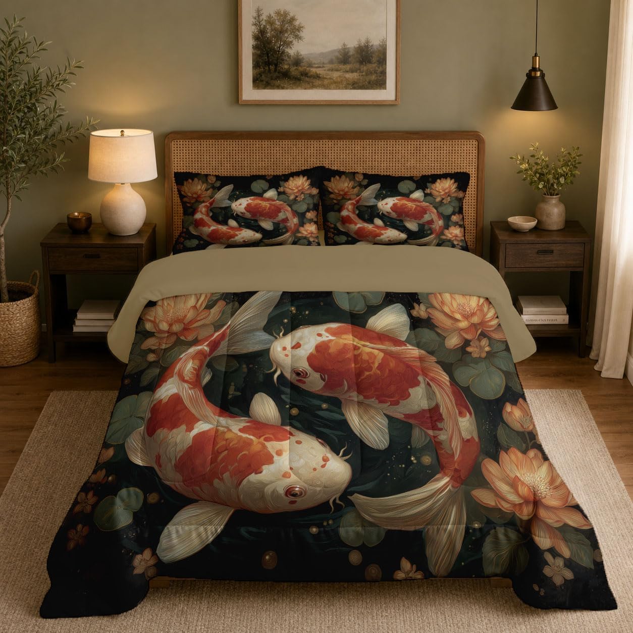 Japanese Style Comforter Set King Size, Koi Bedding Set for Girls Boys, Red Quilt Bed 104"X90" Bedding Comforter Sets with 2 Pillowcase Room Decor