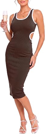 Womens Side Cut Outs Ribbed Knit Bodycon Midi Dress Wedding Guest