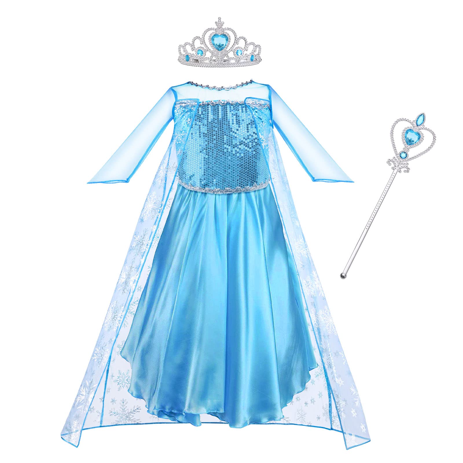 Vicloon Elsa Costume Ragazze Principessa, Principessa Belle Costume, Vestito da Festa di Compleanno, Elsa Vestito Set da Principessa Corona e Bacchetta, Cosplay Party Halloween