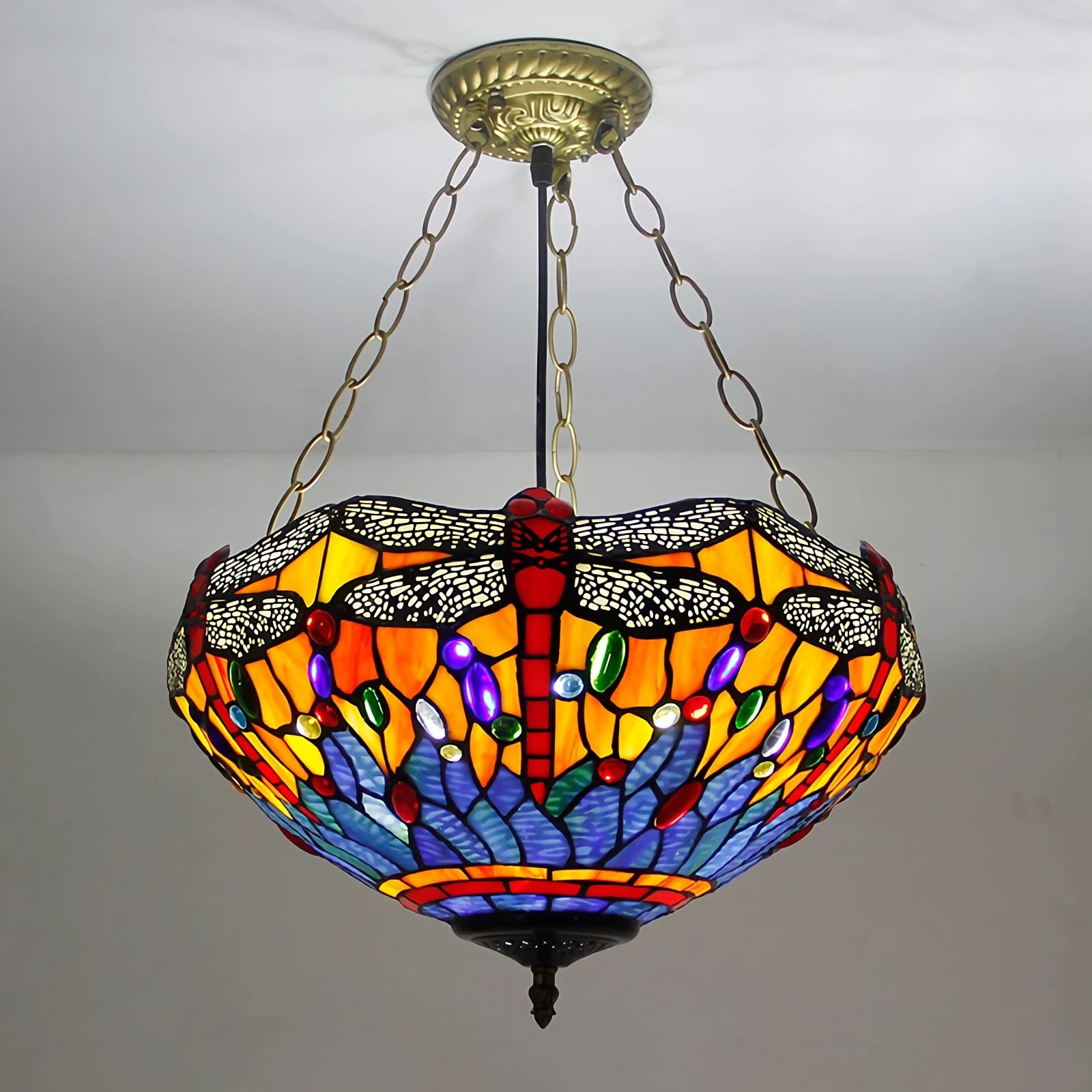 YNIYUJKL Tiffany-Style Chandeliers, Stained Glass Ceiling Pendant Light Fixtures For Living Room Bedroom Kitchen Hallway, E27 Bulb, Max40W,17
