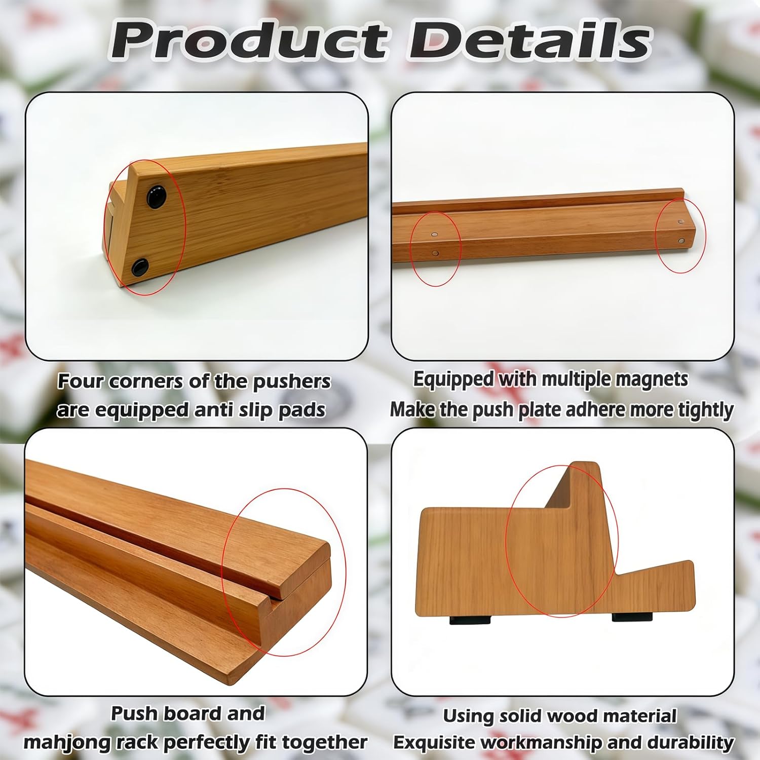 4 PCS Mahjong Racks with Pushers, Wood color Wooden Mahjong Racks with Detachable Magnetic Pushers, Mahjong Tile Pushers and Racks, Includes Chips, Dice & Storage Bags, Mahjong Accessories(19.68 Inch)