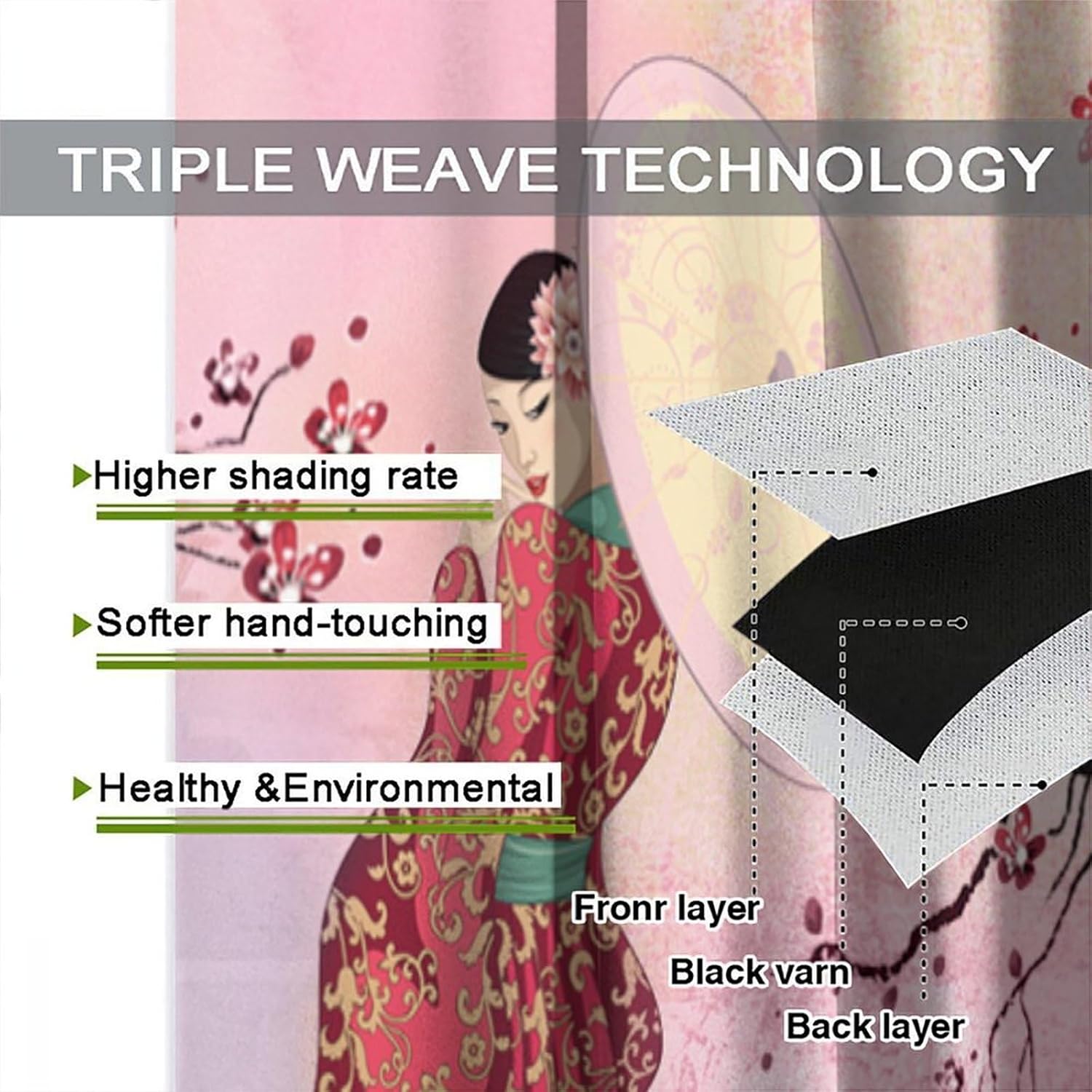 Japanese Geisha Curtains Asian Style Red Plum Blossom Ink Painting Window Treatments for Girls Bedroom Living Room Kitchen Rod Pocket Window Drapes 2 Panel Set,Total Size 52" x 84"