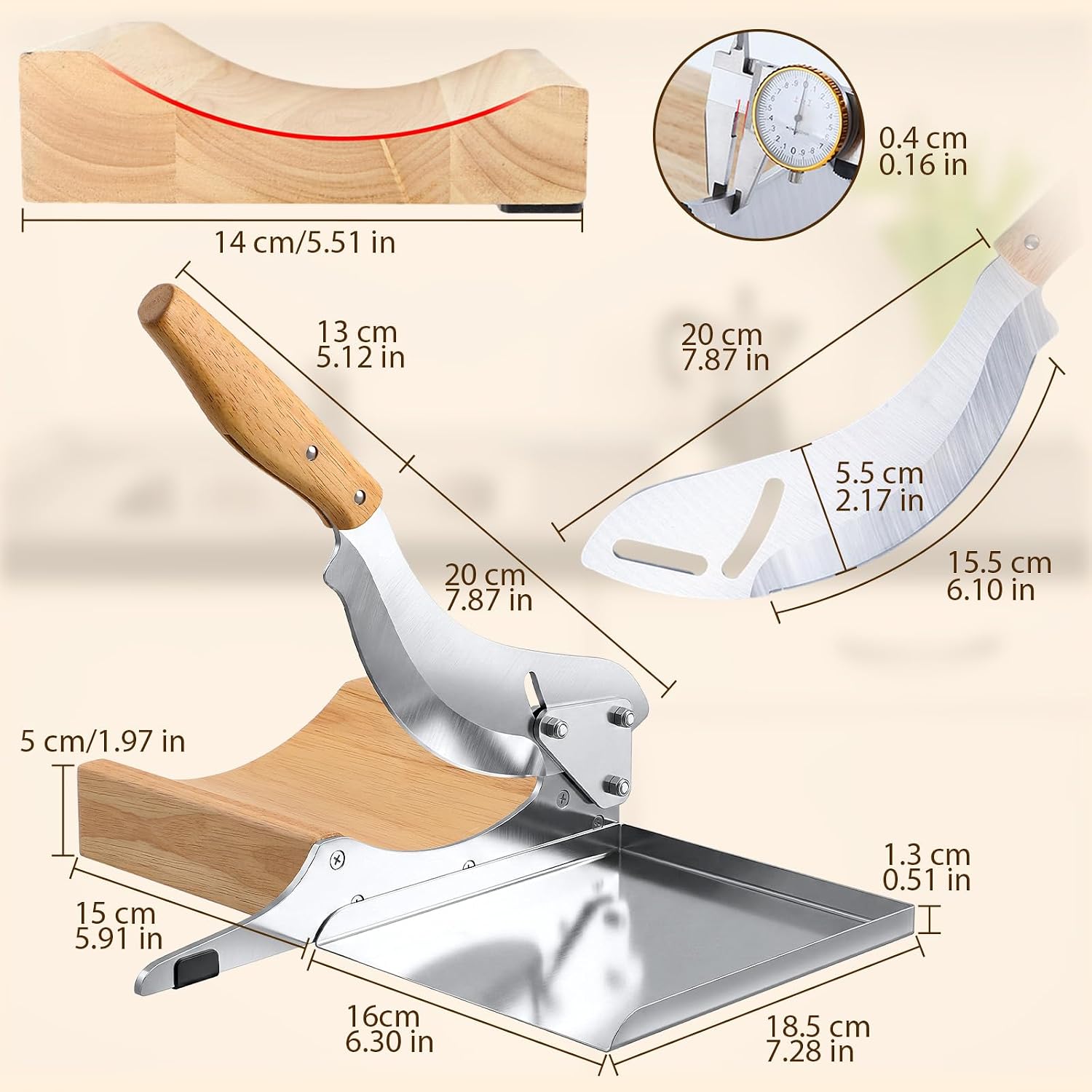 Manual Meat Slicer for Biltong Jerky Chinese Medicine Herb, Radiused Blade Slicer with Detachable Magnetic Tray Wooden Handle for Vegetable Fruit Salami Ginseng Antler Gastrodiae Maca Ganoderma