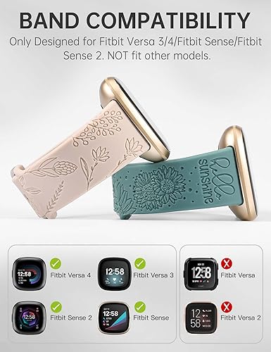 Miniatura 9 de Minyee Paquete de 2 correas grabadas florales compatibles con Fitbit Versa 4Versa 3Sense 2Sense Band para mujer, lindo diseño de girasol de diente