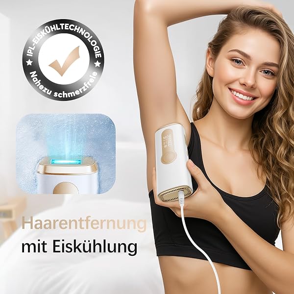 Nahaufnahme des Haarlosy IPL-Geräts mit Fokus auf den integrierten Eiskühlaufsatz für schmerzfreie Anwendung.