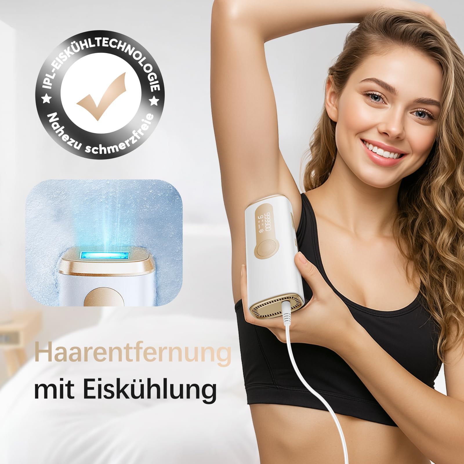 Nahaufnahme des Haarlosy IPL-Geräts mit Fokus auf den integrierten Eiskühlaufsatz für schmerzfreie Anwendung.