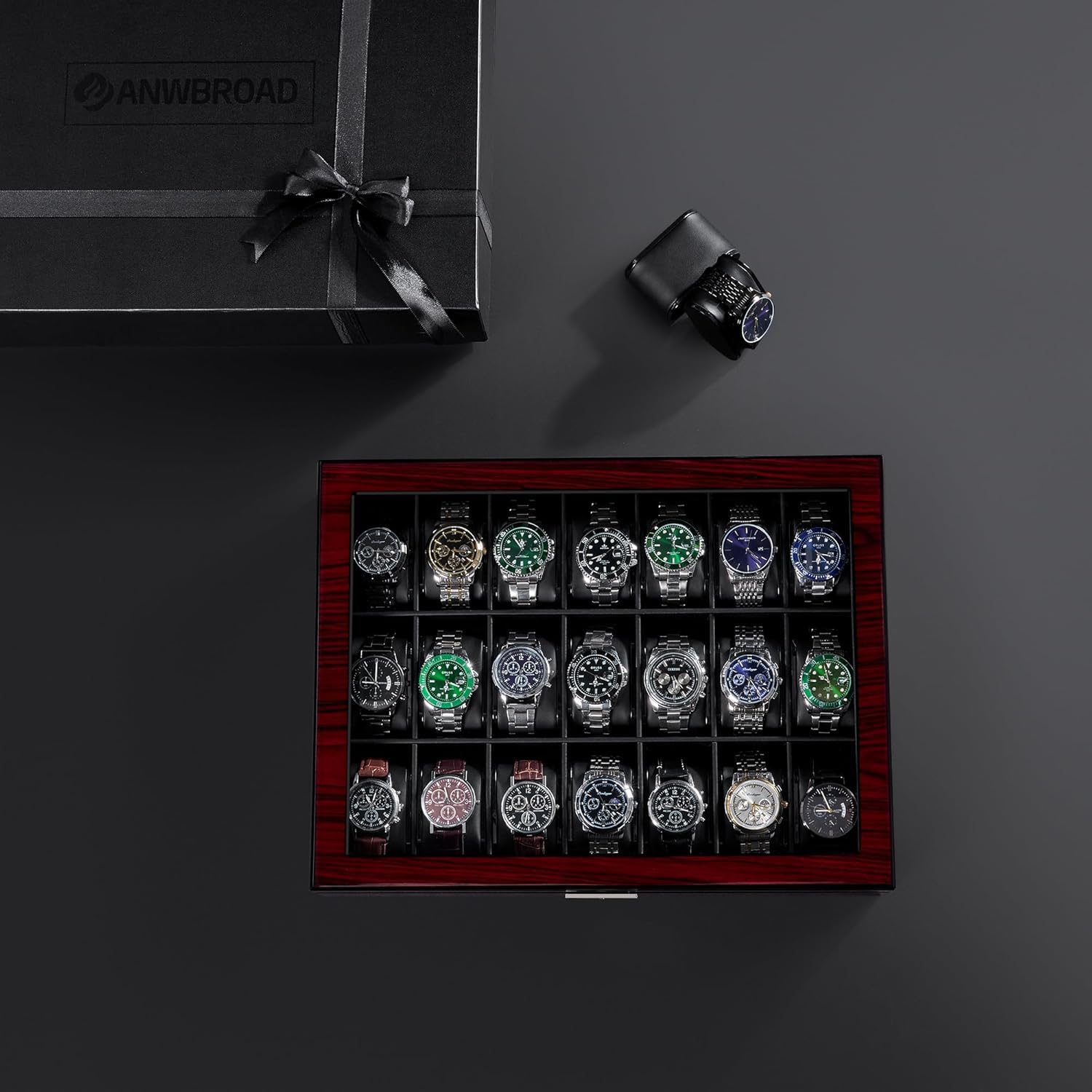 ANWBROAD Caja de relojes con 21 compartimentos, caja de joyería para hombre, con gran tapa de vidrio, vitrina de relojes, organizador de relojes con cierre, lujoso soporte de relojes para regalo