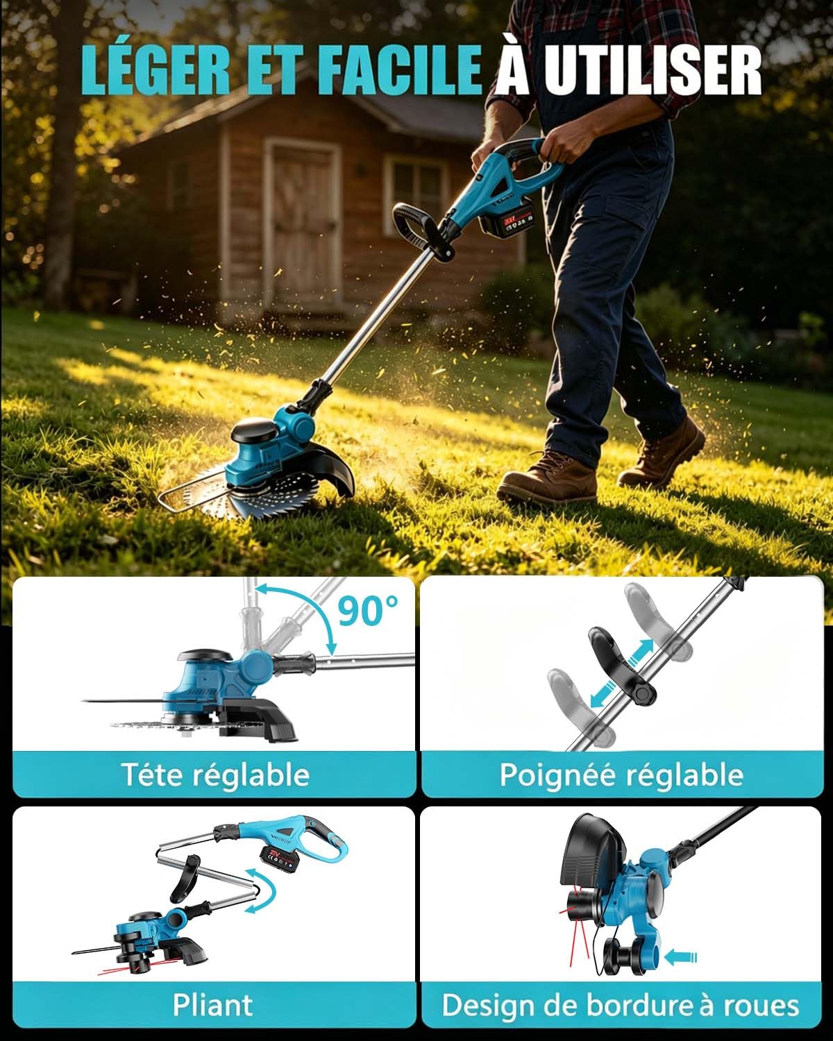 Debroussailleuse Electrique sans Fil 1000W avec écran LCD, Coupe Bordure sans Fil avec 2 Batterie 4,0 Ah et 4 Lames, Debrouissalleuses Batterie avec Roues Latérales pour Tondre Le Jardin (Bleu)