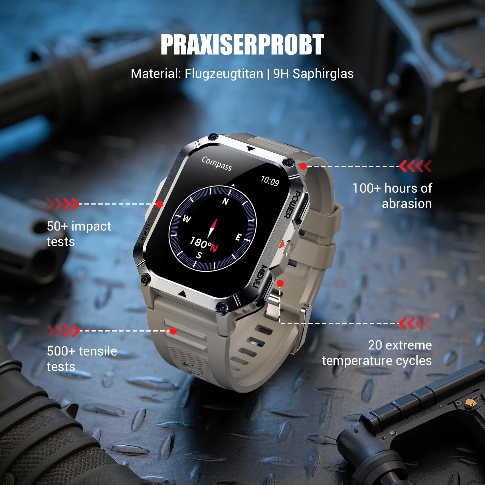 IOWODO Militär Smartwatch Herren 2,01 Zoll | LED Taschenlampe & Kompass | 900mAh/100 Tage Standby | 2 Armbänder | Bluetooth Anrufe | 100+ Sportmodi | IP68 Wasserdicht | 24/7 Gesundheitsmonitor