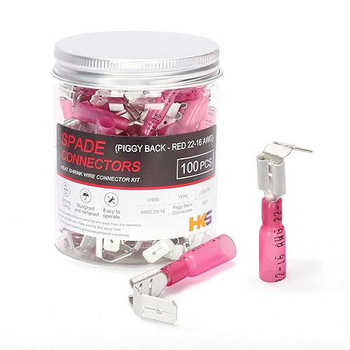 Miniatura 15 de HKS 100 conectores de pala hembra rojo 22-16 AWG – Kit de conectores de cable de desconexión rápida eléctricos termorretráctiles – cobre rojo