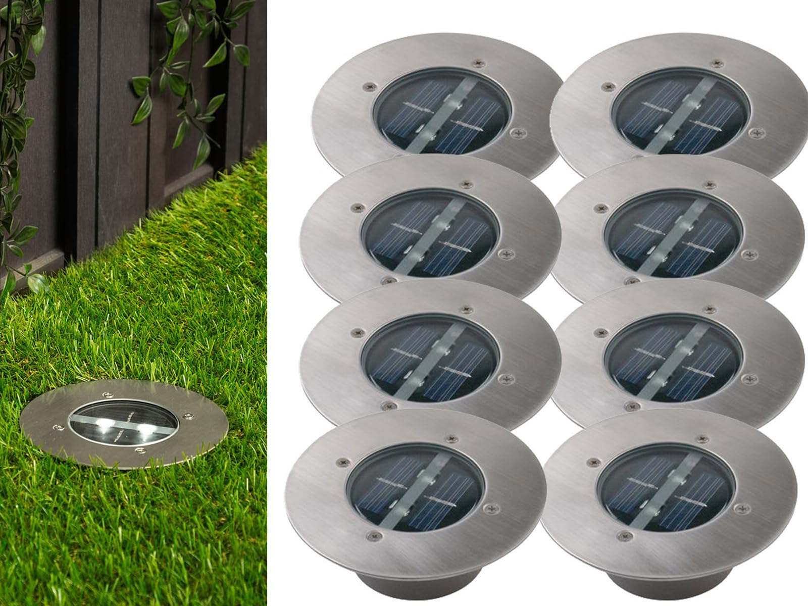 Set di 8 faretti LED a energia solare, rotondi, in acciaio inox/vetro, per esterni