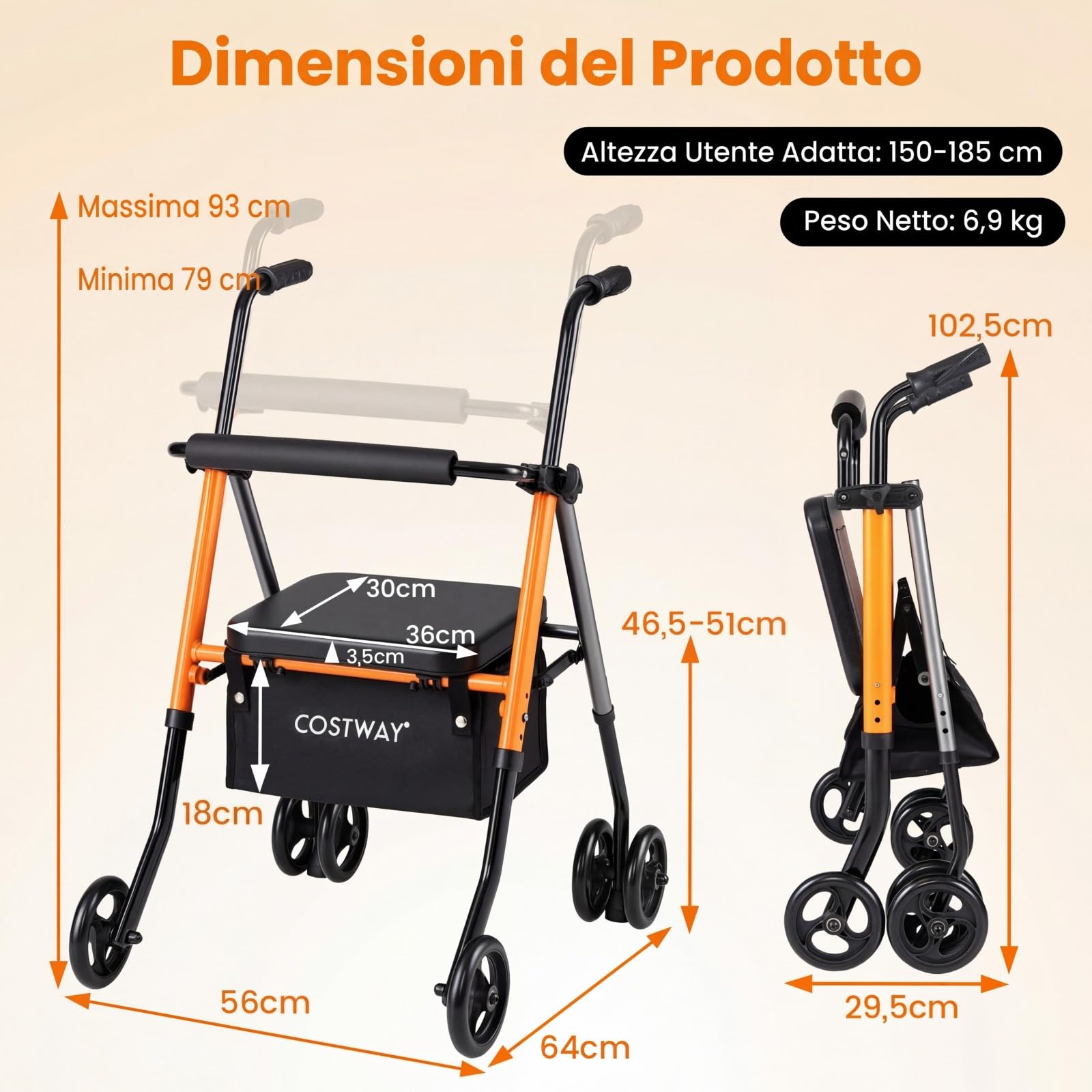COSTWAY Deambulatore per Anziani Pieghevole 2 in 1 con Seduta a 3 Livelli | Rollator Portatile con Sacchetti Portaoggetti e Impugnatura Ergonomica da Interno ed Esterno