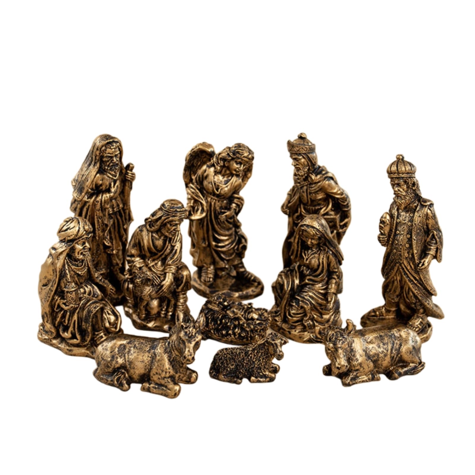 1s Crèche de Figurines Résine Scène Nativité Personnages Animaux Décor Aspect Sculptées Mise en Scène Stable Adapté aux Fêtes d'Année Cheminée Table Salon, Bronze