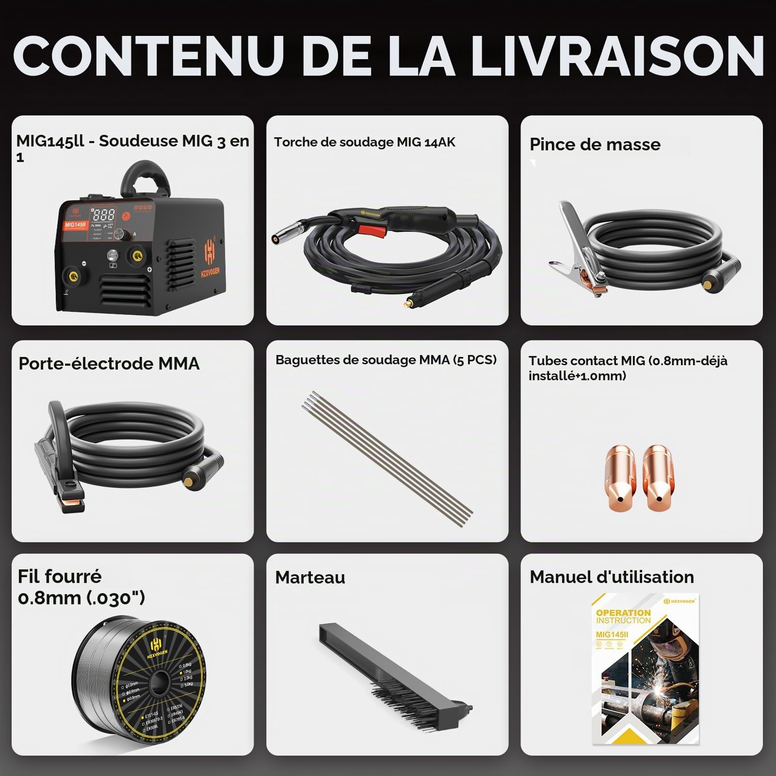 H HZXVOGEN MIG145II 145A Poste à Souder Fil Fourré Sans Gaz, 3 en 1 MIG/ARC/Lift TIG, Contrôle Synergique, IGBT Inverter, Écran LED, Compact pour Débutants & DIY Maison