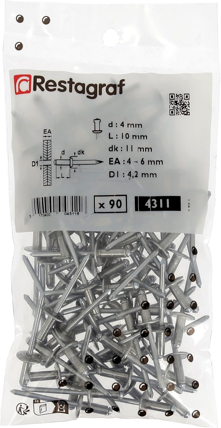 Aluminium Wide Head Rivet in Bag, 4mm x 10mm, Pack of 90